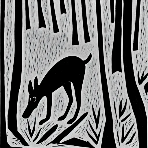 Image similar to minimalist linocut, black and white, greyhound in a forest