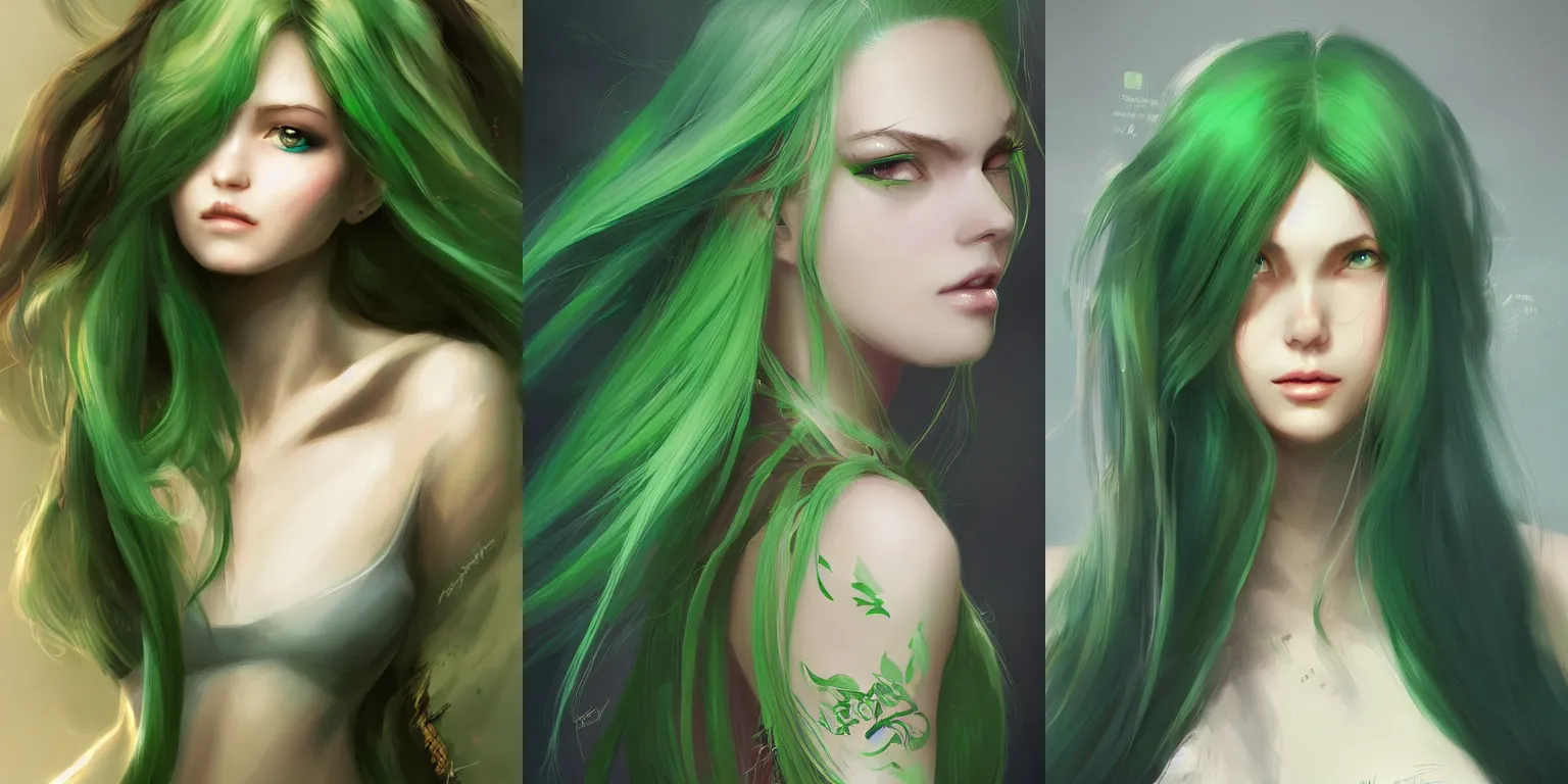 Prompt: a beautiful digital art of a young woman with long green hair by Ross Tran, vivid, trending on artstation