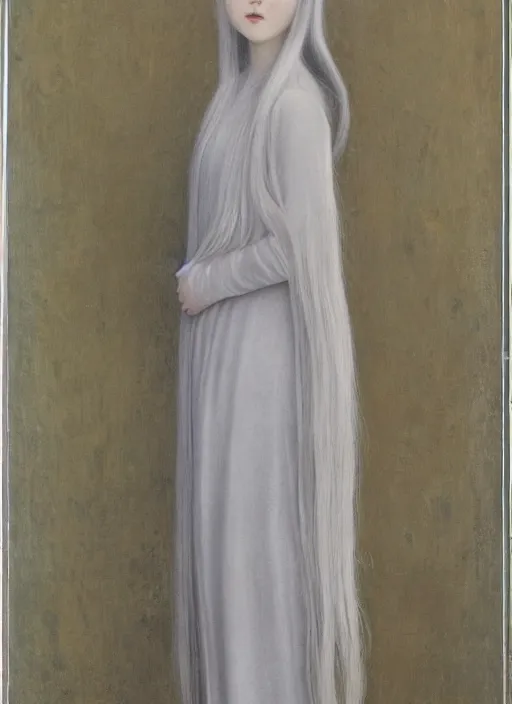 Image similar to thin young wan angel, silver hair so long, pale!, long silver hair, silver angel wings, smooth skin, wan adorable korean face, silver hair!!, style of fernand khnopff and lucien levy - dhurmer, oil on canvas, 1 8 6 2, 4 k resolution, aesthetic!,