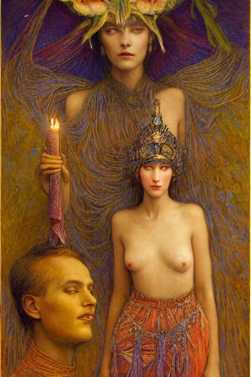 Prompt: queen of twilight with her lantern, by jean delville and Annie Swynnerton and Diego Rivera and Gaston Bussière and Tino Rodriguez , elaborate headdress and embroidered velvet, iridescent beetles, rich color, dramatic cinematic lighting, extremely detailed