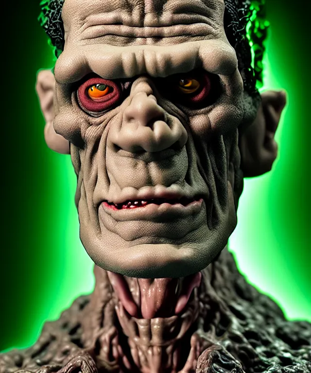 Image similar to hyperrealistic rendering, frankenstein, by art of skinner and richard corben and jeff easley, product photography, action figure, sofubi, studio lighting, colored gels