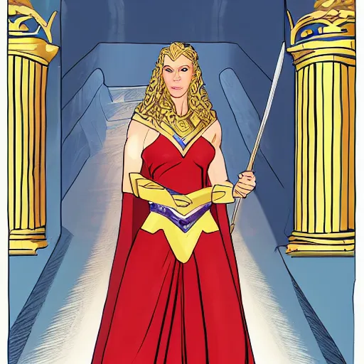 Prompt: Portrait of Queen Hippolyta of Themyscira, a tall, beautiful dignified woman with tanned skin, long blonde hair, and blue eyes, dressed in hellenistic Greek armour, in the background is the interior of temple, concept art, graphic novel,