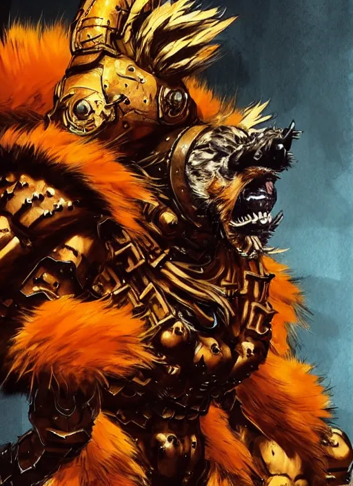 Image similar to Full body portrait of tall gnoll in golden armour and orange fur. In style of Yoji Shinkawa and Hyung-tae Kim, trending on ArtStation, dark fantasy, great composition, concept art, highly detailed, dynamic pose.