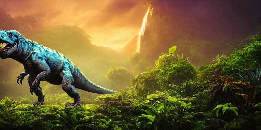 Prompt: a ghost dinosaur in a prehistoric jungle, lush flora, waterfall, mountains, dark towering clouds, flowers, vines, sunset, volumetric lighting, rtx on, washed out colors, an award winning digital render, beautiful, ultradetailed, great composition