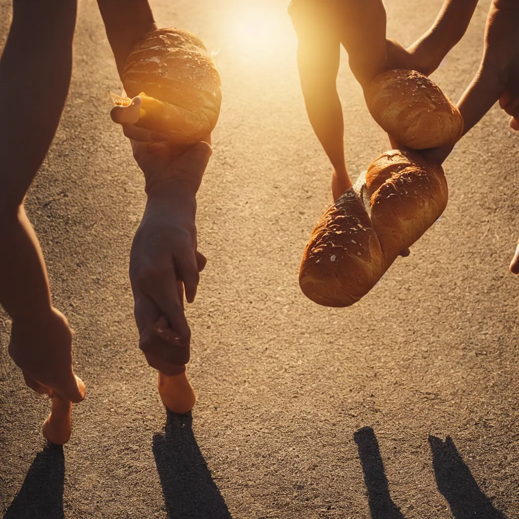 Prompt: a bread and a banana walking hand in hand into the sunset