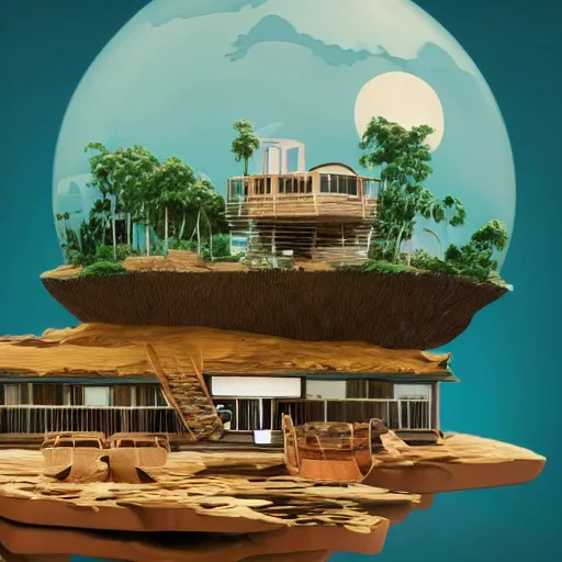 Image similar to a picture of a floating island with a house on it, an album cover by Justin Currie, polycount, plasticien, made of plastic, concert poster, made of trash