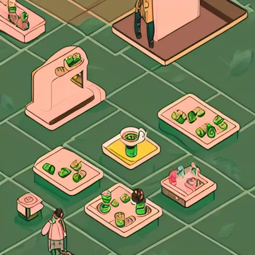 Prompt: cannabis cafe detailed cute characters, isometric fun style rendered, by ren hang