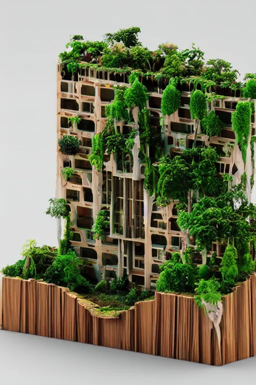 Prompt: 3 d printed physical model organic flowy including more than one city into one vertical building model that sits on a table in a room with a view back, multiple stories, transparent, with vegetation, colorful, wooden material, section cut, eye - level view, 8 0 k, octane render, highly detailed 3 d render,