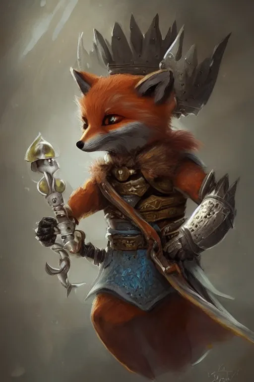 Image similar to cute little anthropomorphic foxy knight wearing a cape and a crown, tiny, small, miniature fox, baby animal, short, pale blue armor, cute and adorable, pretty, beautiful, DnD character art portrait, matte fantasy painting, DeviantArt Artstation, by Jason Felix by Steve Argyle by Tyler Jacobson by Peter Mohrbacher, cinematic lighting