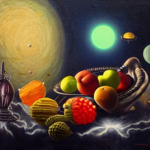 Image similar to Still life with impossible 4d alien glowing fruits, roast grue, in orbital space ship, fine art oil painting, dutch masters