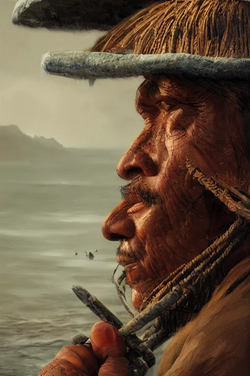 Image similar to aztec fisherman, close - up portrait, poor, intricate, elegant, volumetric lighting, scenery, digital painting, highly detailed, artstation, sharp focus, illustration, concept art, ruan jia, steve mccurry