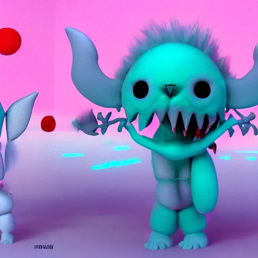 Image similar to misbehaving soft fuzzy monster musicians, in the style of billelis and james jean and pedro conti and stanley kubrick, inspired by die antwoord, kawaii colors, photorealistic, epic, super technical, 3 d render