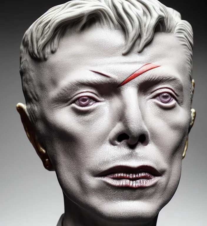 Image similar to David Bowie , A Close up photo-real delicate ceramic porcelain sculpture of a symmetrical ornate detailed in front of an intricate background by Victo Ngai and takato yamamoto, micro detail, backlit lighting, face in focus, subsurface scattering, translucent, thin porcelain, octane renderer, colorful, physically based rendering, japanese pottery, trending on cgsociety