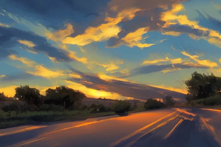 Image similar to country roadside sunset sky clouds illustration by syd mead artstation 4 k graphic novel concept art matte painting