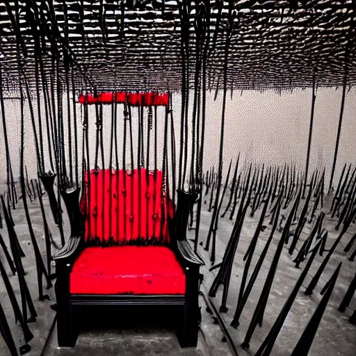 Image similar to black throne with a seat, armrests, and a back rest is encased by hundreds of rebar spikes. there are red ribbons dangling from the spikes. dystopian throne room.