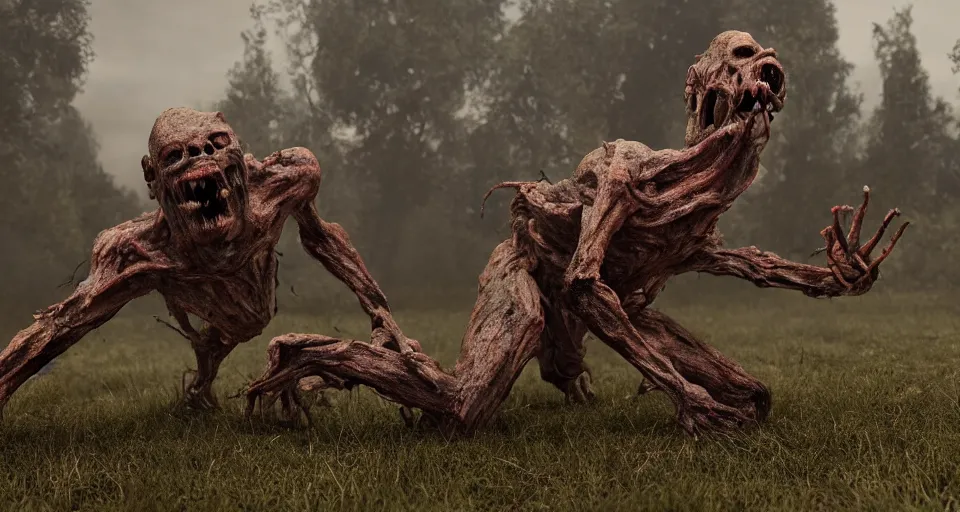 Prompt: still from a horror movie of grotesque monster lunging towards the camera, highly detailed, horror movie scene, unreal engine, octane render, natural light outside