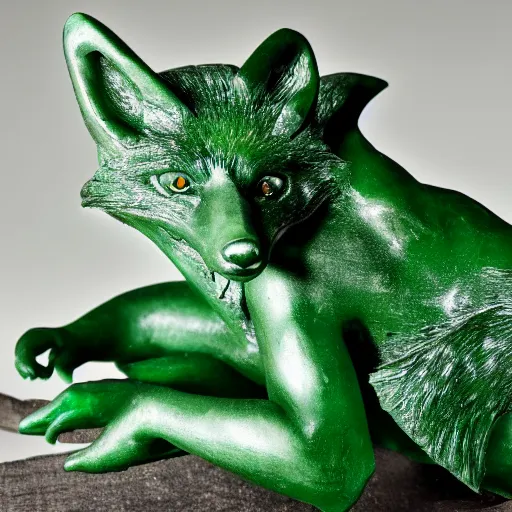 Image similar to Portrait photography of a terrifying Emerald fox sculpture