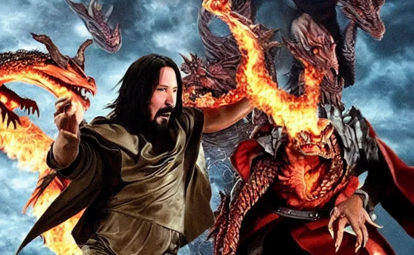 Prompt: keanu reeves dressed in wizard robes fighting a dragon on a fantasy battlefield