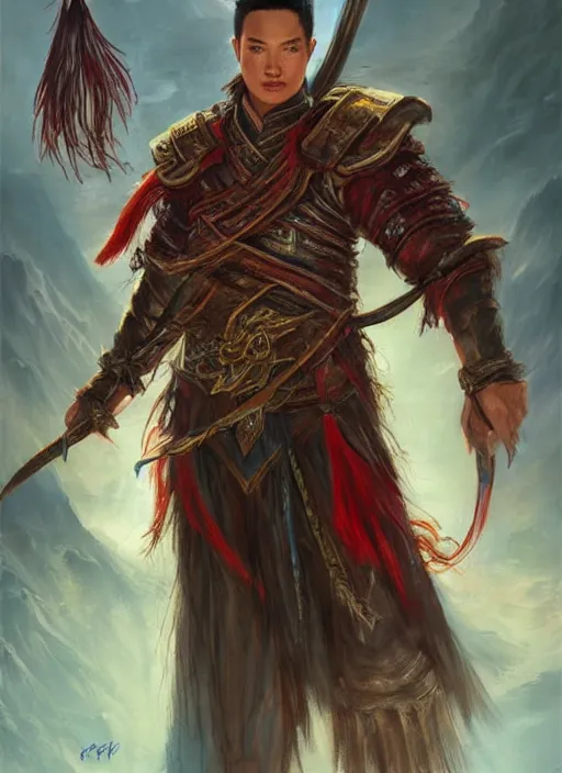 Image similar to chinese warrior curtain hair, looking down, dndbeyond, bright, colourful, realistic, dnd character portrait, full body, pathfinder, pinterest, art by ralph horsley, dnd, rpg, lotr game design fanart by concept art, behance hd, artstation, deviantart, hdr render in unreal engine 5