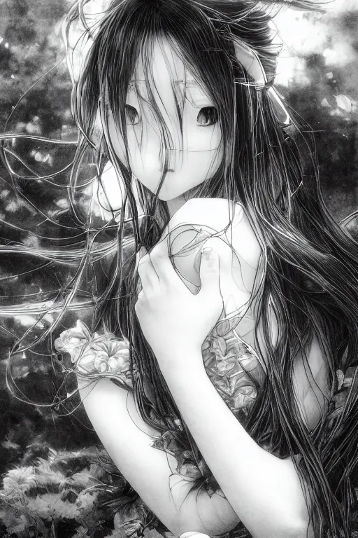 Image similar to a portrait of a character in a scenic environment by Yoshitaka Amano, black and white, dreamy, dark eyes, wavy long black hair, highly detailed