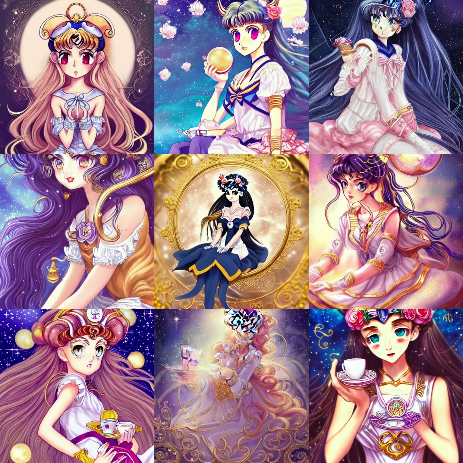 Prompt: beautiful detailed sailor moon aesthetic, beautiful detailed fantasy, beautiful detailed intricate, beautiful detailed elegant, highly detailed, beautiful detailed digital painting, artstation, beautiful detailed concept art, matte, sharp focus, highly detailed illustration, a beautiful girl with long dark hair and bangs, wearing a gold sailor dress, sitting alone in a cafe with magic items all around, highly intricate detailed art by Artgerm and Greg Rutkowski and Alphonse Mucha