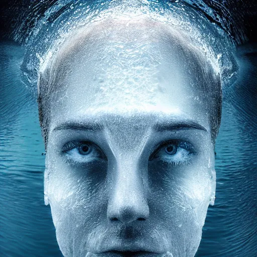 Image similar to water in the shape of a human head on the ocean water, water manipulation photoshop, behance, ray tracing, cinematic, in the style of johnson tsang, long shot, hyper detailed, hyper realistic, 8 k resolution, sharp focus, realistic water, award winning