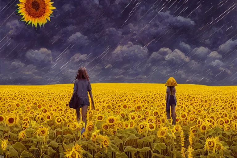 Image similar to giant sunflower as a head, girl walking in wheat field, hills, surreal photography, dark night, star trails, dramatic light, impressionist painting, clouds, digital painting, artstation, simon stalenhag