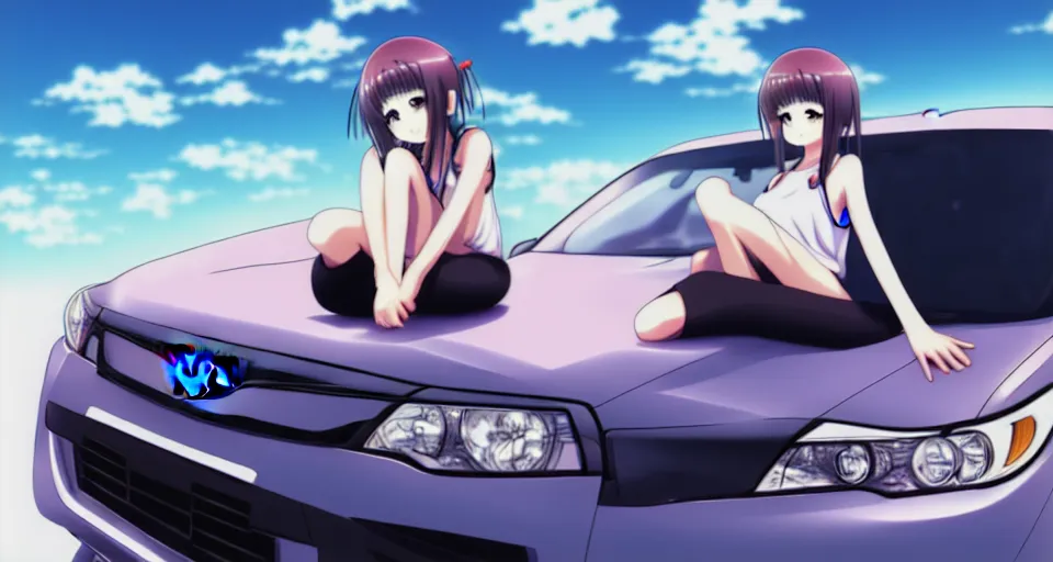 Image similar to A anime art of asian modern girl character sitting on hood subaru car, digital art, 8k resolution, anime style