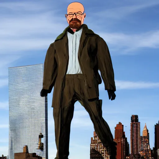 Prompt: a huge mechanical walter white destroying nyc