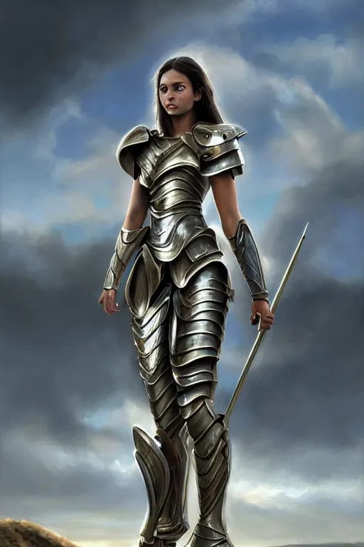Image similar to a photorealistic painting of an attractive young girl, partially clothed in metal-plated battle armor, standing in front of a distant landscape, olive skin, fair complexion, long dark hair, flawless skin, beautiful bone structure, perfectly symmetric facial features, perfect photorealistic eyes, natural physique, intricate, elegant, digital painting, concept art, finely detailed, beautifully illustrated, sharp focus, minimal artifacts, volumetric lighting, from Metal Gear, by Ruan Jia and Mandy Jurgens and Artgerm and William-Adolphe Bouguerea, in the style of Greg Rutkowski, trending on Artstation, award winning art