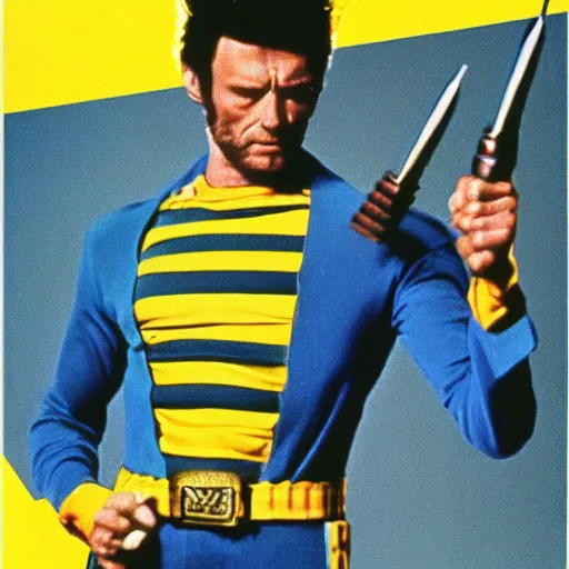 Image similar to 8 0 s, vhs, vintage movie, grain, clint eastwood as wolverine in blue and yellow costume,