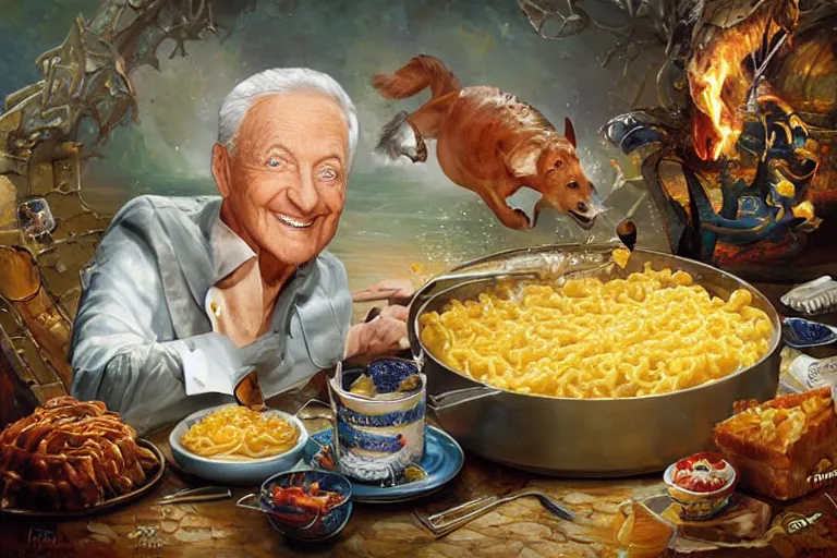 Image similar to portrait of bob barker swimming in a pool of mac and cheese, an oil painting by ross tran and thomas kincade