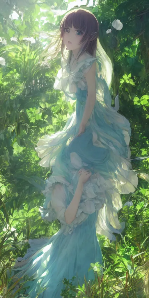 Prompt: a digital art of a loli with long hair in a dress in the privet garden at after noon, green and blue and warm theme, back lighting, highly detailed, 4 k resolution, trending on art station, elegant, depressed, by krenz cushart and mucha and akihito yoshida and greg rutkowski and makoto shinkai