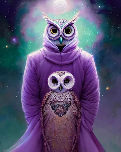 Image similar to anthropomorphic art of an owl king, in a lilac royal robe, stars and galaxies, by artgerm, victo ngai, ryohei hase, artstation, highly detailed digital painting, smooth, global illumination, fantasy art by greg rutkowsky, karl spitzweg, leyendecker