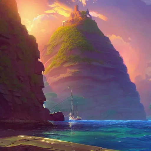 Prompt: a painting of an island with a pirate ship near it, a detailed matte painting, by RHADS, cgsociety, fantasy art, matte painting, artstation hq, matte drawing, by makoto shinkai and Beeple Jorge Jacinto ,Tyler Edlin, philipsue on artstation