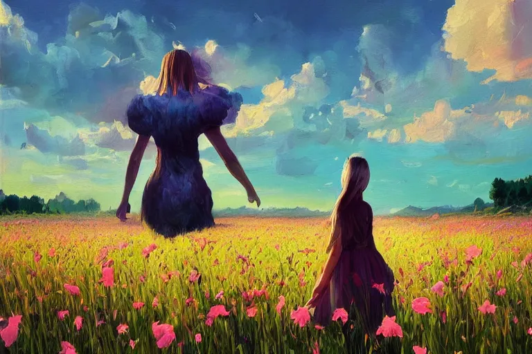 Image similar to giant gladiola head, girl walking in field of flowers, surreal photography, sunrise, blue sky, dramatic light, impressionist painting, digital painting, artstation, simon stalenhag