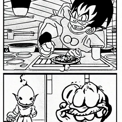 Prompt: evil anthropomorphic cookie cooking a bunch of cookies, in the kitchen, in dragon ball manga by akira toriyama, black ink