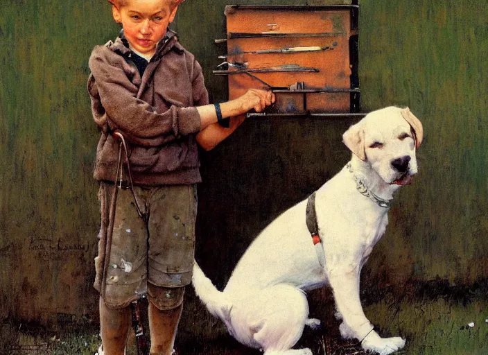 Prompt: high quality high detail painting by norman rockwell, hd, young boy with dog, muted pastel colors, photorealistic lighting