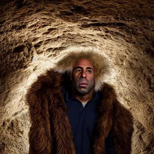 Prompt: Photo portrait Joe Rogan as a wax neanderthal cave man exaggerated brow wrapped in fur cloak screaming like a savage in the natural history museum in a replica of a cave environment dramatic lighting 85mm lens by Steve McCurry