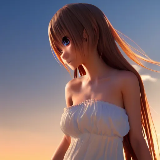 Prompt: Render of a very beautiful 3d anime girl, full body, long hair, hazel eyes, cute freckles, full round face, short smile, cute sundress, golden hour, serene beach setting, cinematic lightning, medium shot, mid-shot, highly detailed, trending on Artstation, Unreal Engine 4k, cinematic wallpaper