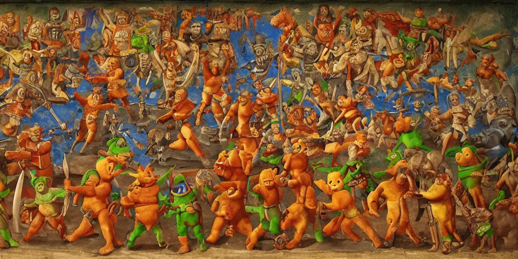 Prompt: Medieval fresco of the Doom Slayer from Doom Eternal fighting and shooting a hord of Teletubbies in hell, 4k, painted in 1530