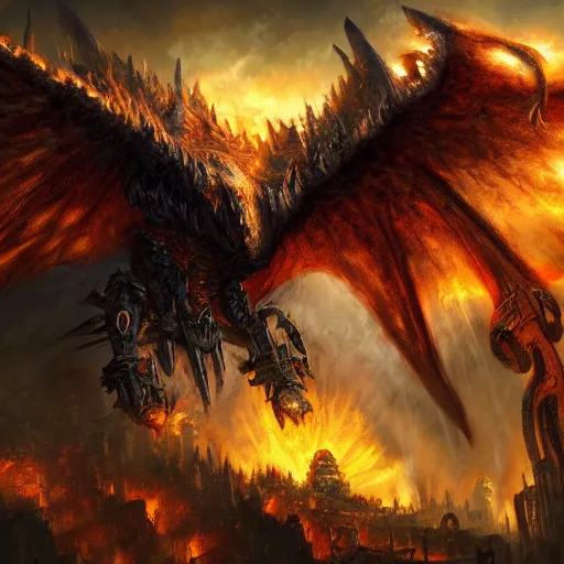 Prompt: deathwing flying over a village, artstation hall of fame gallery, editors choice, #1 digital painting of all time, most beautiful image ever created, emotionally evocative, greatest art ever made, lifetime achievement magnum opus masterpiece, the most amazing breathtaking image with the deepest message ever painted, a thing of beauty beyond imagination or words