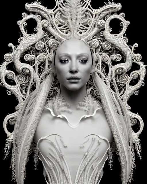 Prompt: bw 3 d render of a beautiful female queen - cyborg - vegetal, dressed in long elegant intricate ornamental white dress, intricate fractal ornament in the bust with a very long neck, elegant, highly detailed intricate baroque ornament in her blond long hair, realistic, refined, highly detailed, cinematic outdoor lighting, fine art photography by flora borsi, volumetric lighting, hyper realistic photography