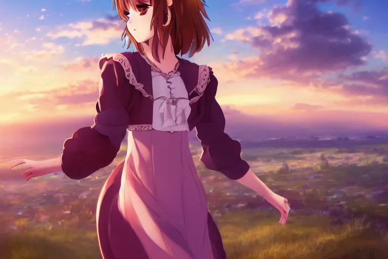 Prompt: anime teen in renaissance dress looks to beautiful horizon, rock, trees, lit by sunset, polaroid, 4k, 8k, hd, high-detailed, artstation trending, award winning