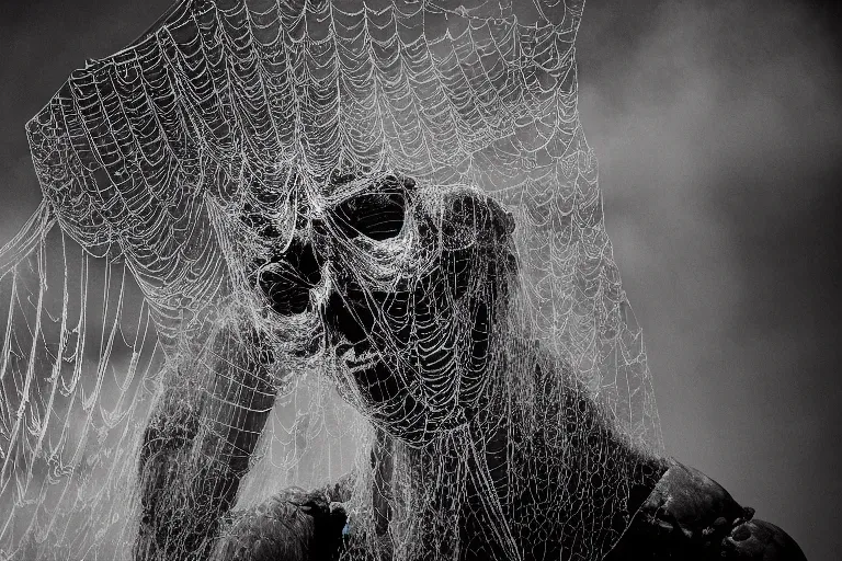 Image similar to portrait of a dusty armored skeleton covered in webs in an atmospheric cave By Emmanuel Lubezki