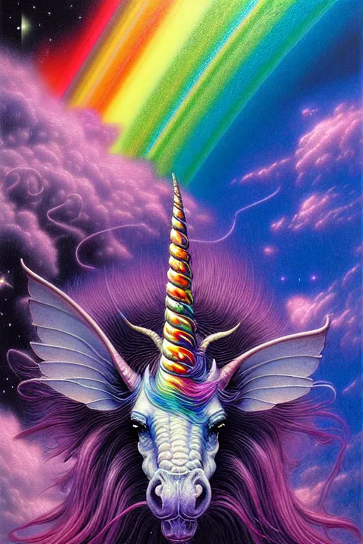 Prompt: realistic detailed image of rainbow unicorn in space, depth perception, depth of field, action horror by lisa frank, ayami, kojima, amano, karol bak, greg hildebrandt, and mark brooks, neo - gothic, gothic, rich deep colors. beksinski painting, part by adrian ghenie and gerhard richter. art by takato yamamoto. masterpiece
