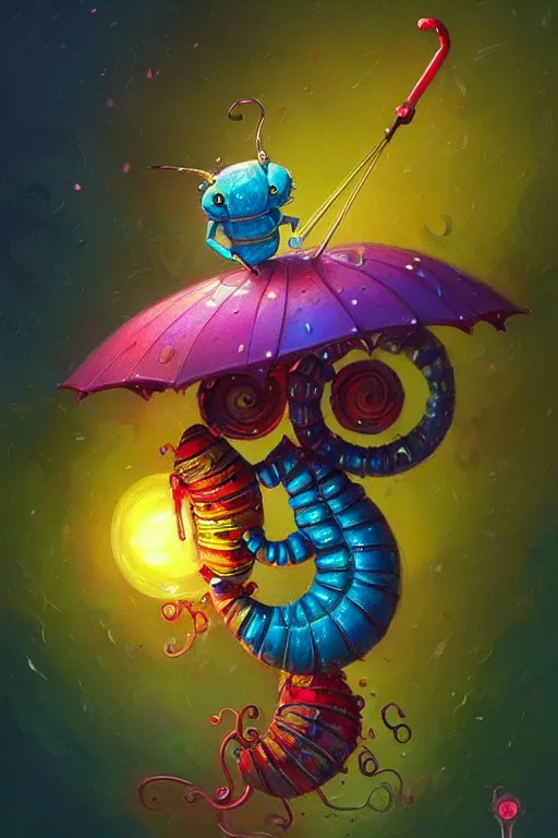 Prompt: a cute caterpillar with an umbrella, colorful, fantasy, intricate, highly detailed, digital painting, HQ, trending on artstation, illustration, style of Stanley Artgerm and Greg Rutkowski and Dan Mumford