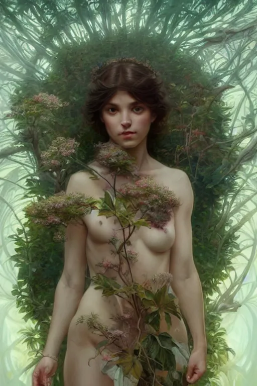 Prompt: goddess of nature, accurate anatomy, only two hands, highly detailed, digital painting, artstation, concept art, smooth, sharp focus, illustration, Unreal Engine 5, 8K, art by artgerm and greg rutkowski and edgar maxence and alphonse Mucha