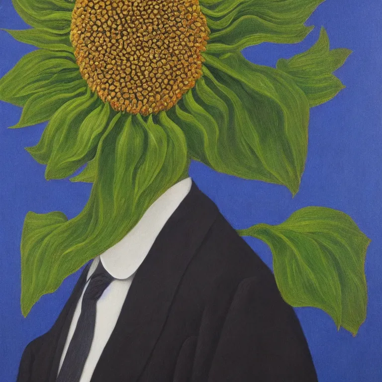 Image similar to portrait of a faceless sunflower - head man in a suit by rene magritte, detailed painting, distance, centered, hd, hq, high resolution, high detail, 4 k, 8 k