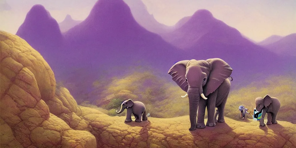 Prompt: A single baby purple elephant childrens book cover, mountains in the background, illustration, detailed, smooth, soft, warm, by Adolf Lachman, Shaun Tan, Surrealism